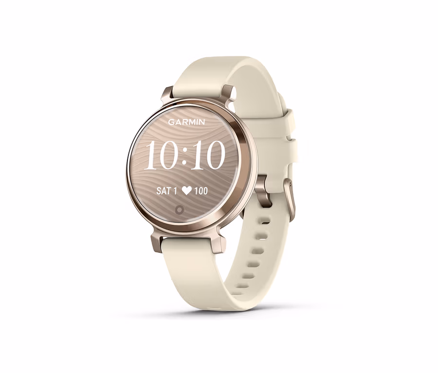 Detailaufnahme einer cremefarbenen GARMIN Lily® 2 mit einem cremefarbenen Armband.