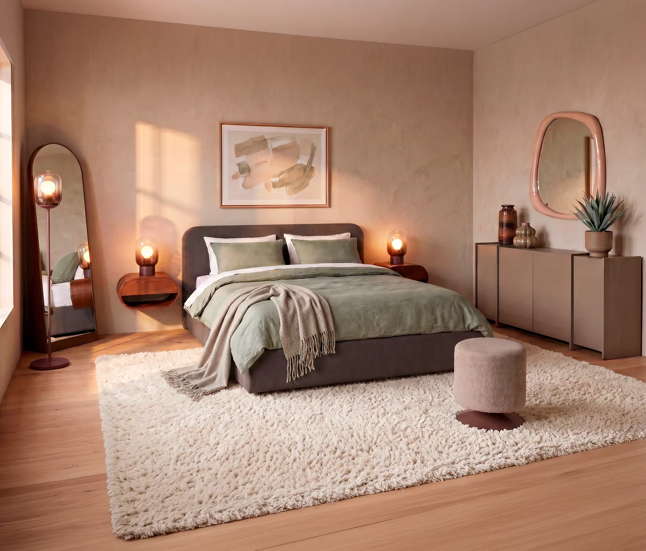 Ein Schlafzimmer mit einem grauen DOMO Polsterbett »Lund«, zwei braunen WOOOD hängenden Holz-Nachttischen »Momo« und einer WOOOD Kommode »Brock«. Ein cremefarbener Teppich liegt auf dem Holzboden.