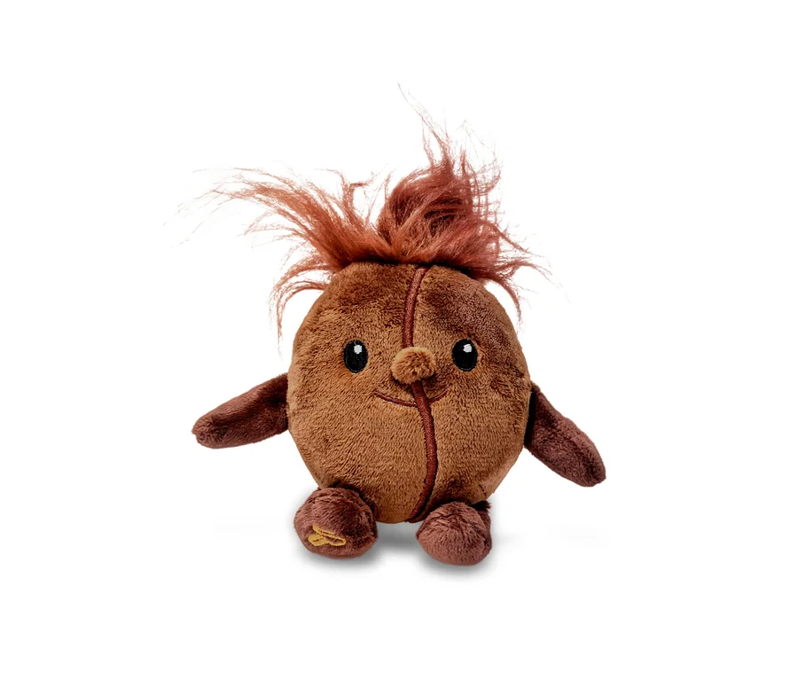Braune Plüschbohne mit Gesicht, kleinen Armen, Füßen und zotteligem braunem Haar.