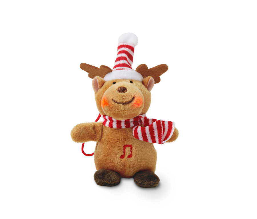 Singendes Rentier mit rot-weiß gestreifter Mütze und Schal.