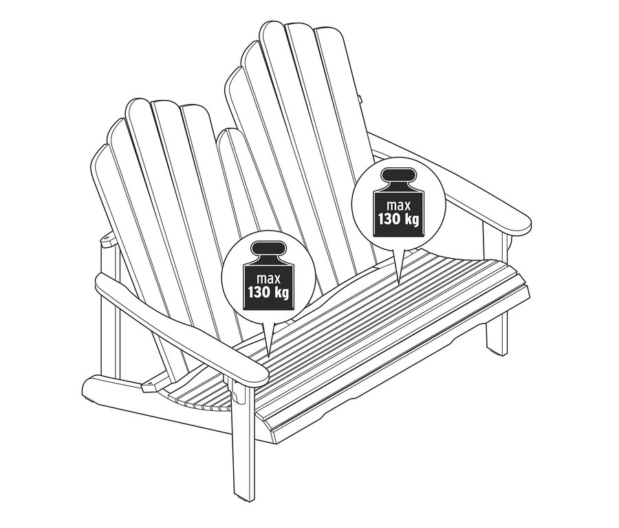 Illustration einer Loungebank aus FSC®-zertifiziertem Akazienholz. Die maximale Belastung beträgt 130 kg pro Person.
