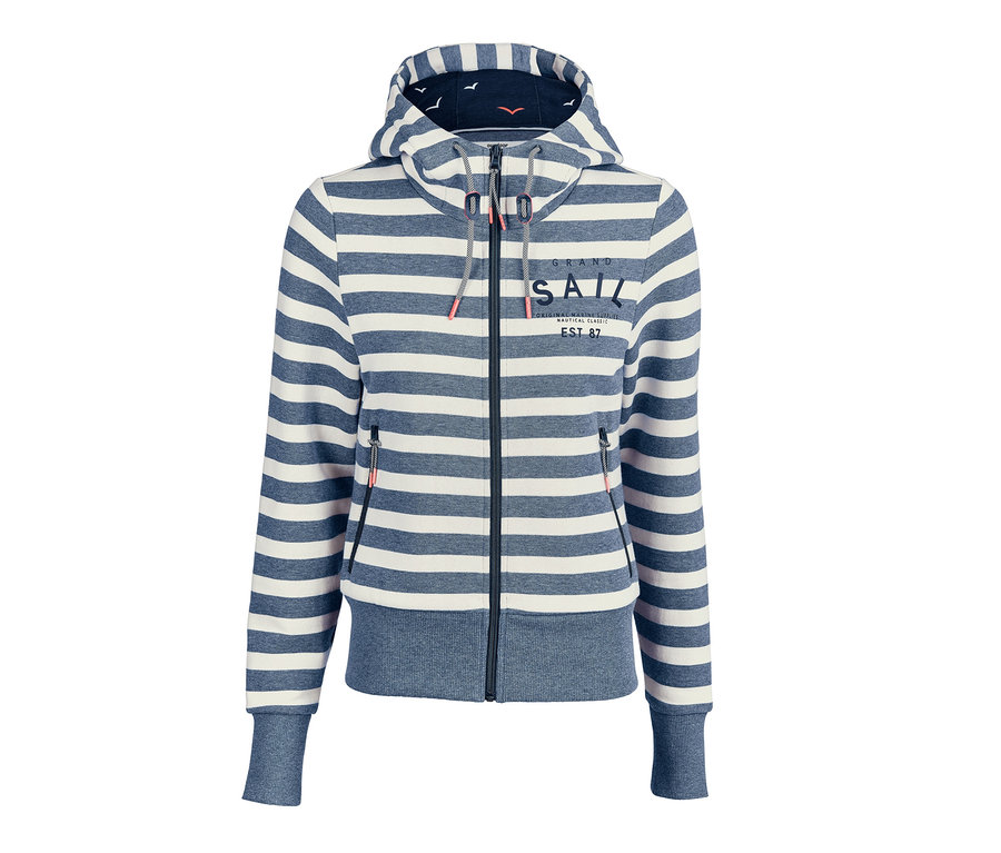 Gestreifte Sweatjacke mit Kapuze und Reißverschluss.