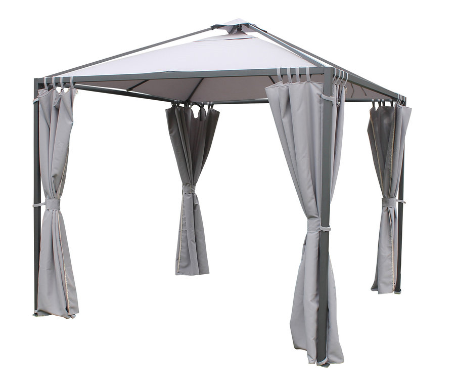 Grauer Pavillon mit weißem Dach und grauen Vorhängen. Leco-Pavillon »Madita«, ca. 290 x 290 cm