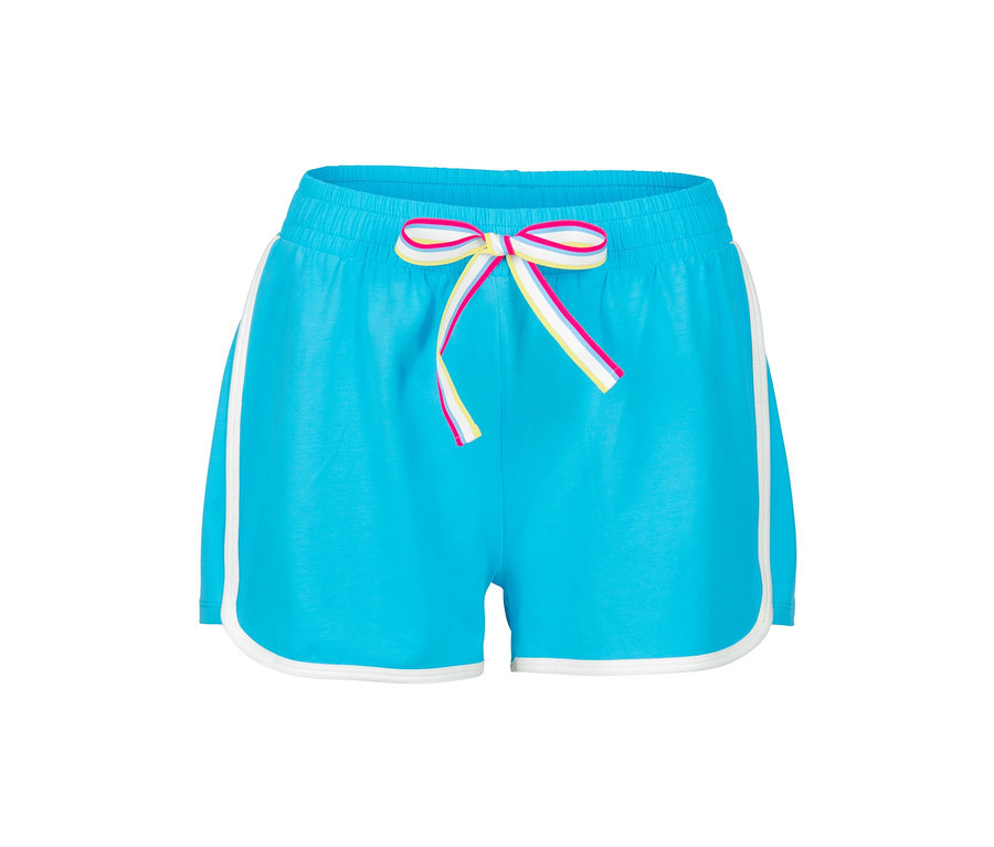 Blaue Shorty-Pyjama mit weißen Bündchen und Kordelzug.