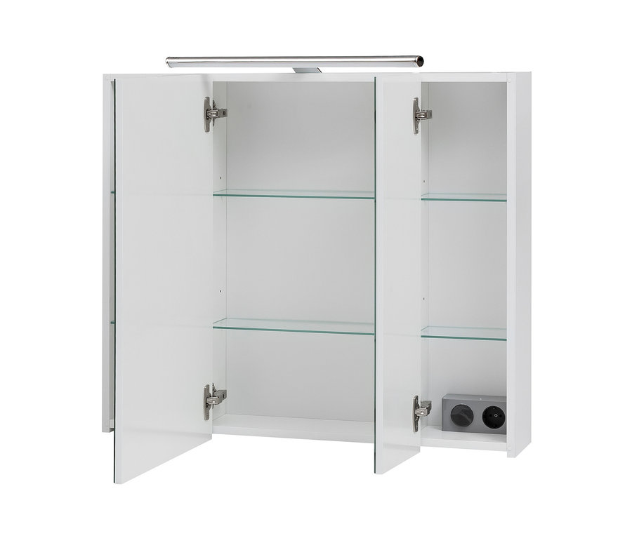 Geöffneter, weißglänzender Spiegelschrank Runa SPS Irene 800.1 mit Beleuchtung und Glasböden.