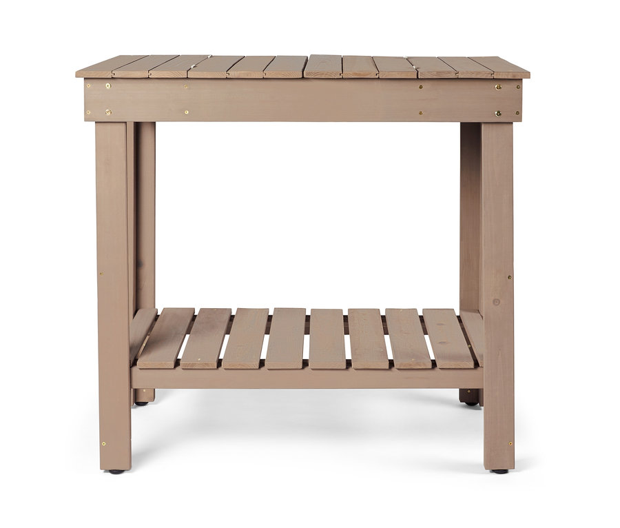 Aufklappbarer Pflanztisch aus lackiertem Holz mit Lamellen-Tischplatte und Ablage.