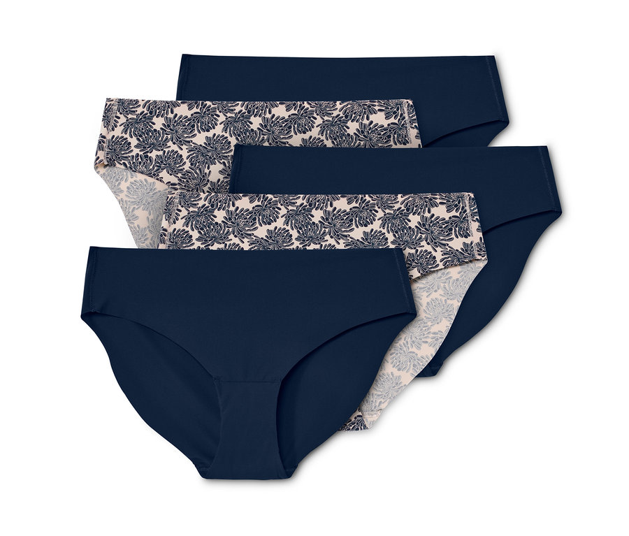 Fünf Magic-Cut-Slips in Marineblau und mit Blumenmuster.