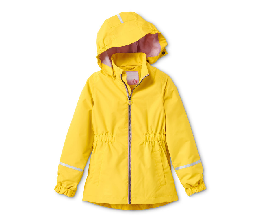 Gelber Regenmantel aus recyceltem Material mit Kapuze.