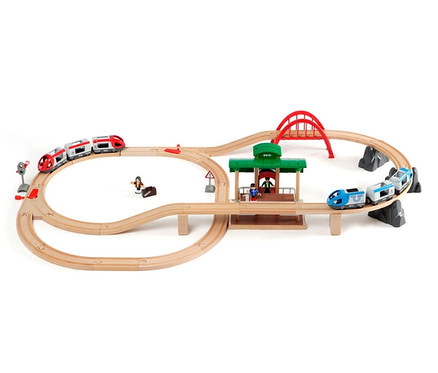 Holzeisenbahn mit rotem und blauem Zug, zwei Figuren und einer Brücke. Zu sehen ist ein BRIO® – großes Bahn-Reisezug-Set.
