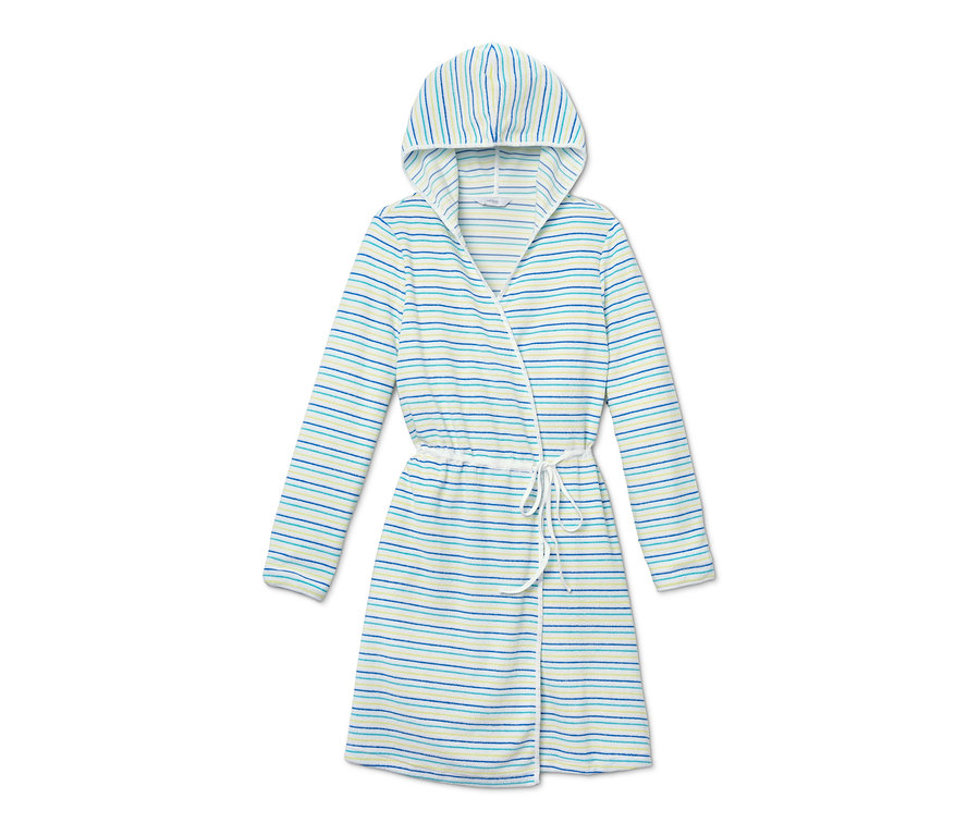 Frottee-Morgenmantel mit Kapuze, mit blauen und gelben horizontalen Streifen.