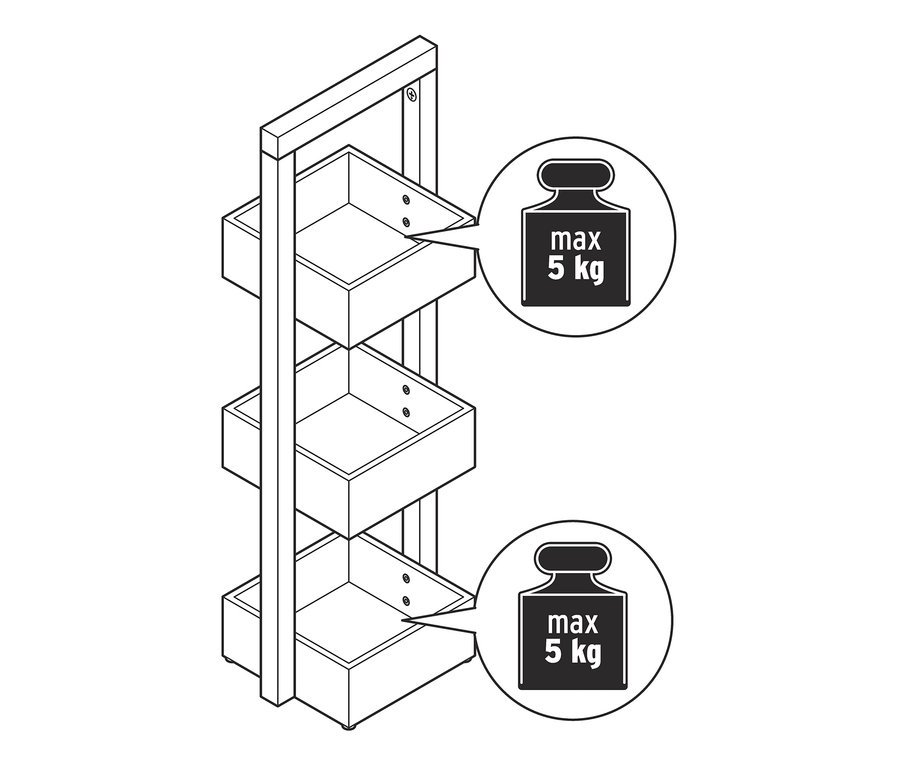 Zeichnung eines Standregals mit 3 Stauraum-Kästen.
