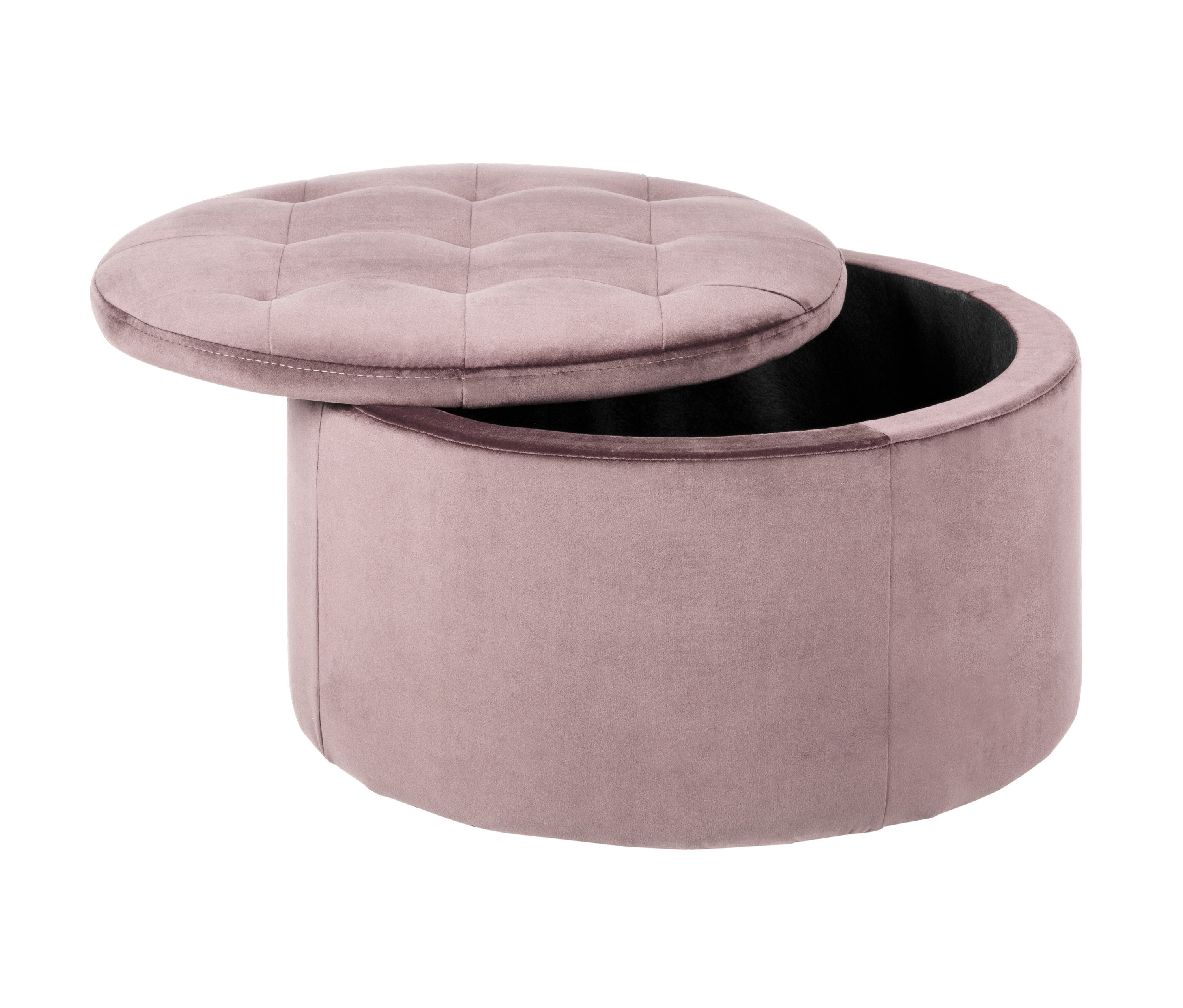 Ein rosa Samthocker mit Stauraum »Retina«, dessen Deckel geöffnet ist.