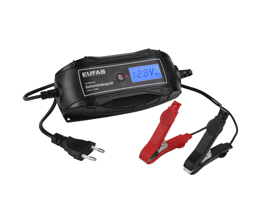 Schwarzes EAL Intelligentes Batterieladegerät »16615« mit roten und schwarzen Krokodilklemmen auf weißem Hintergrund.