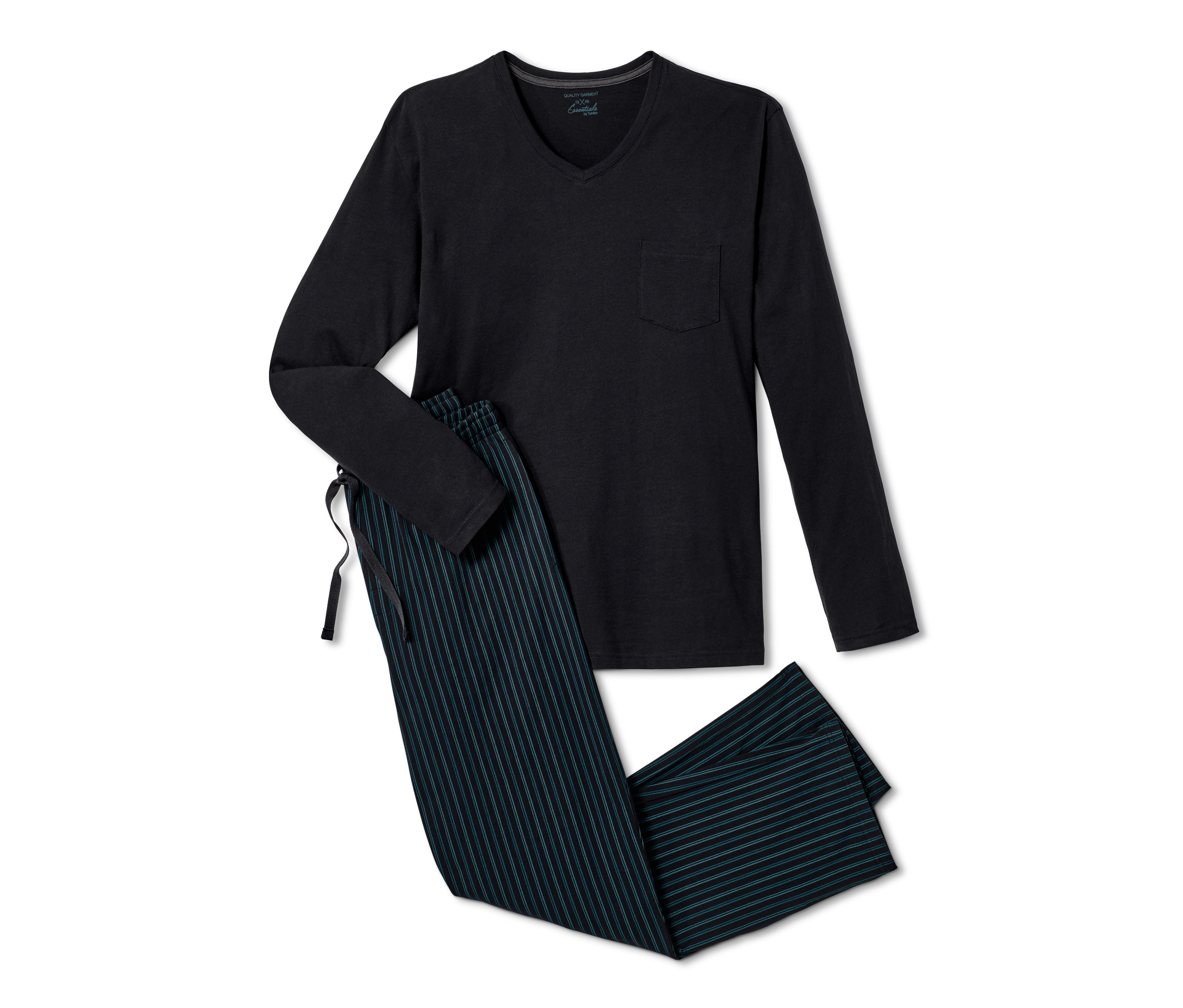 Schwarzer Pyjama mit langen Ärmeln und gestreifter Hose.