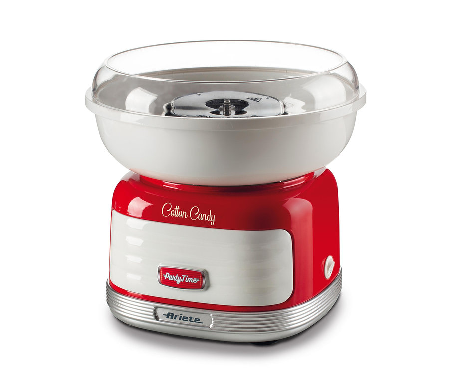 Detailaufnahme einer Ariete-Zuckerwattenmaschine »2973« mit rotem Sockel und weißem Oberteil.