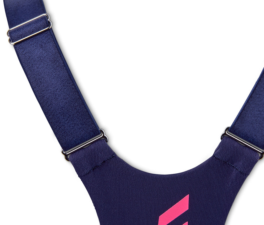 Detailansicht eines blauen Sport-BHs mit Frontreißverschluss und verstellbaren Trägern.