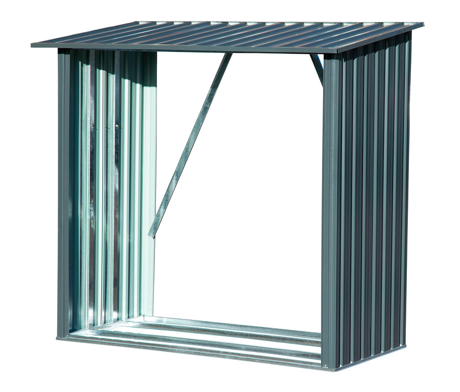 Leeres Kaminholzregal aus gewelltem Metall.