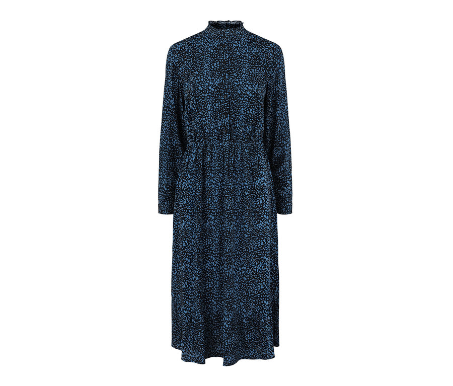 Blaues Hemdblusenkleid mit langen Ärmeln und Muster.