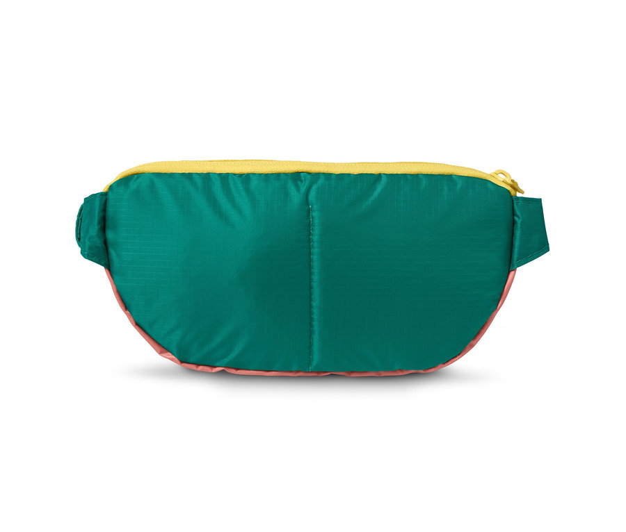Detailaufnahme einer grünen Hüfttasche mit gelben und pinken Akzenten.