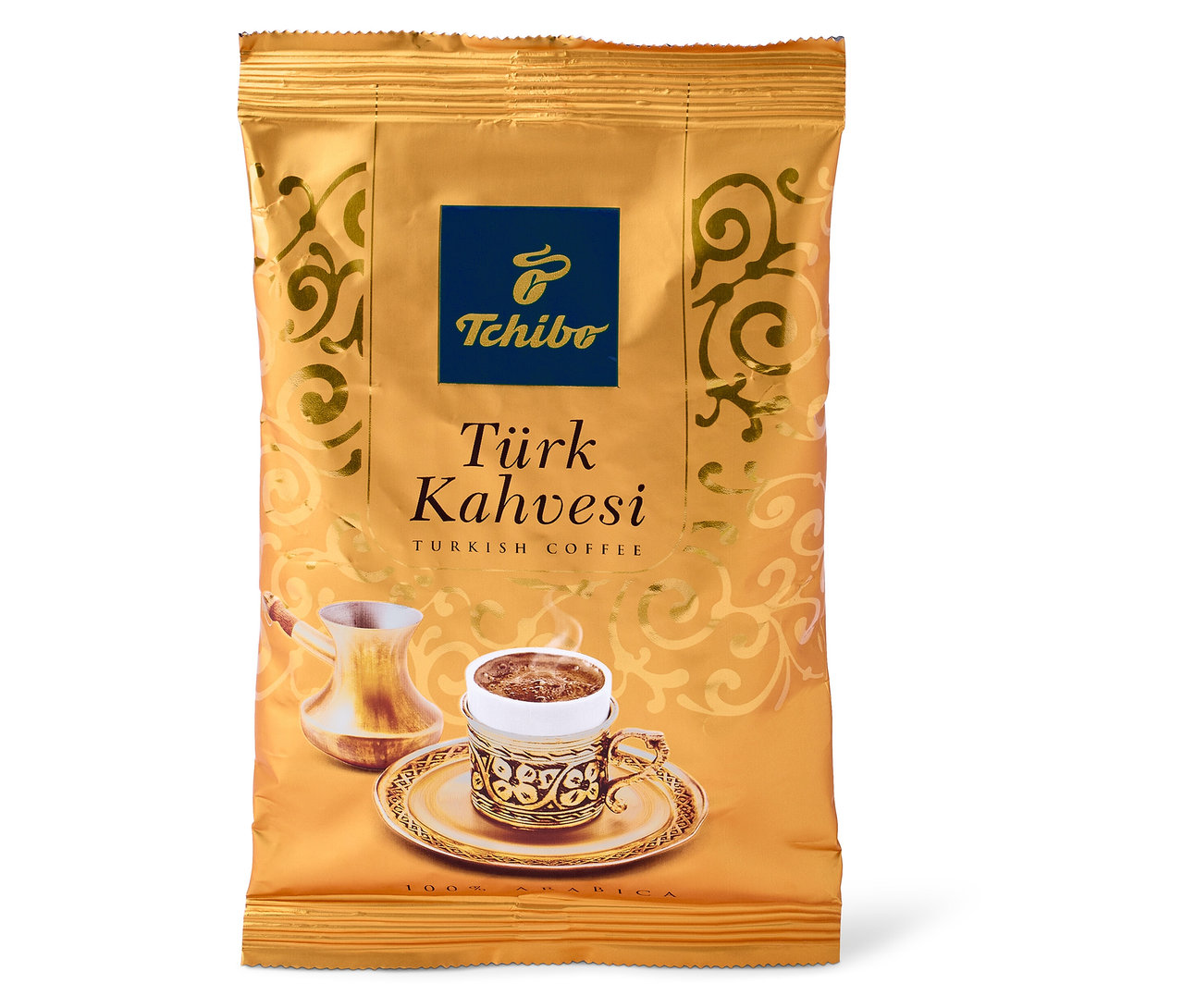 Goldene Packung Türk Kahvesi (Turkish Coffee) - 100 g Gemahlen von Tchibo mit Abbildung einer Tasse und einer Kanne.