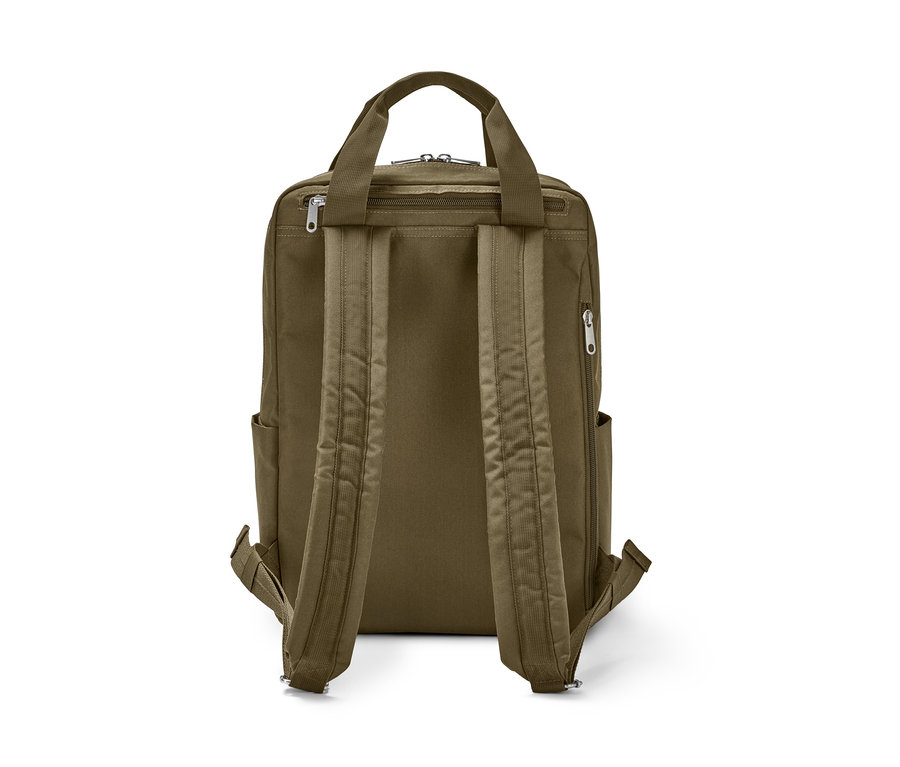 Rückansicht eines khaki Sicherheits-Rucksacks.