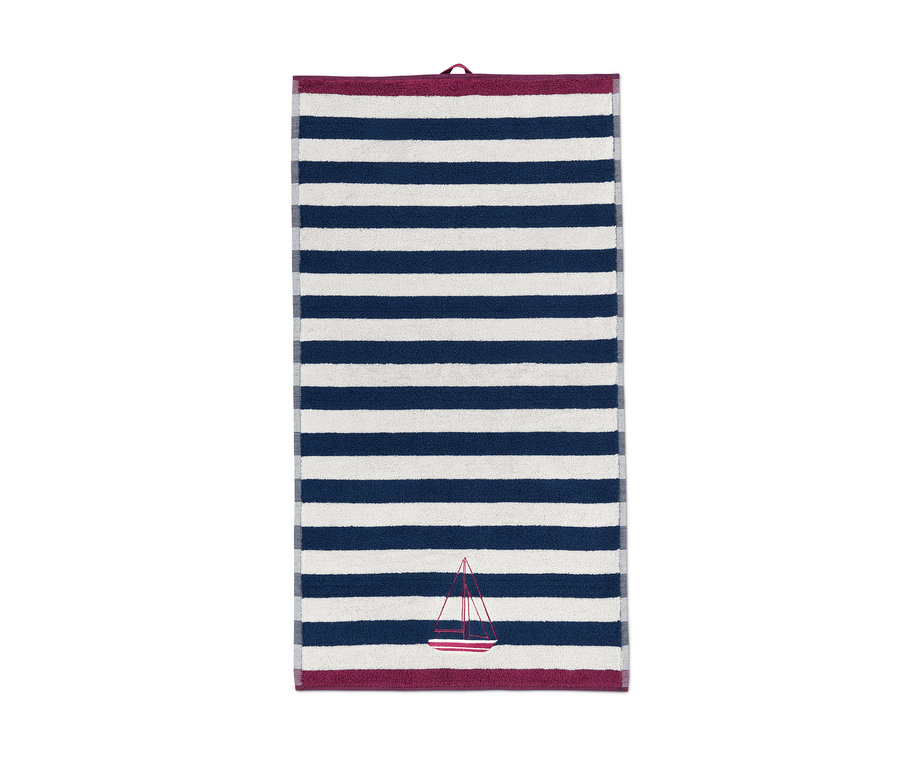 Gestreiftes Handtuch mit Segelboot-Stickerei; 2 Handtücher mit Stickerei