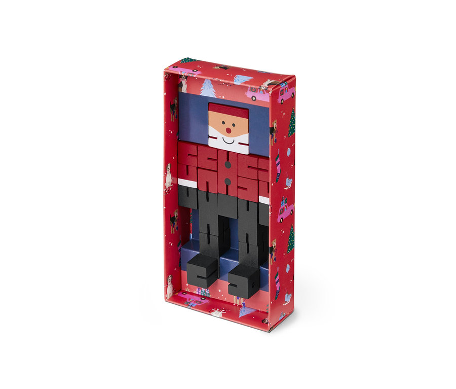 IQ-Puzzlefigur »Santa« in roter Schachtel mit Weihnachtsmotiven.