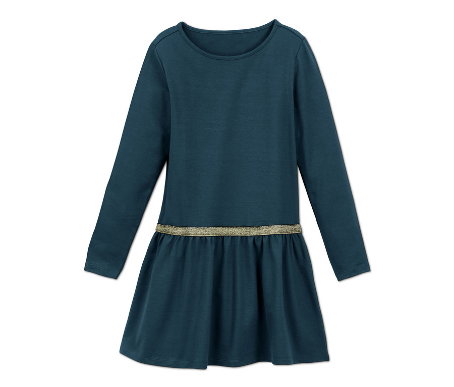 Dunkelblaues Jerseykleid mit langen Ärmeln und goldenem Band in der Taille.