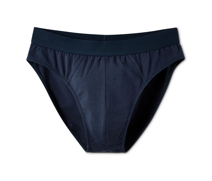 Marineblaue Herrenslips, 5 Stück, auf weißem Hintergrund.