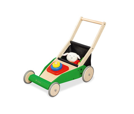 Pinolino Lauflernwagen »Rasenmäher Klaas« aus Holz mit Spielzeug im Inneren und einem bunten Stapelturm vorne.