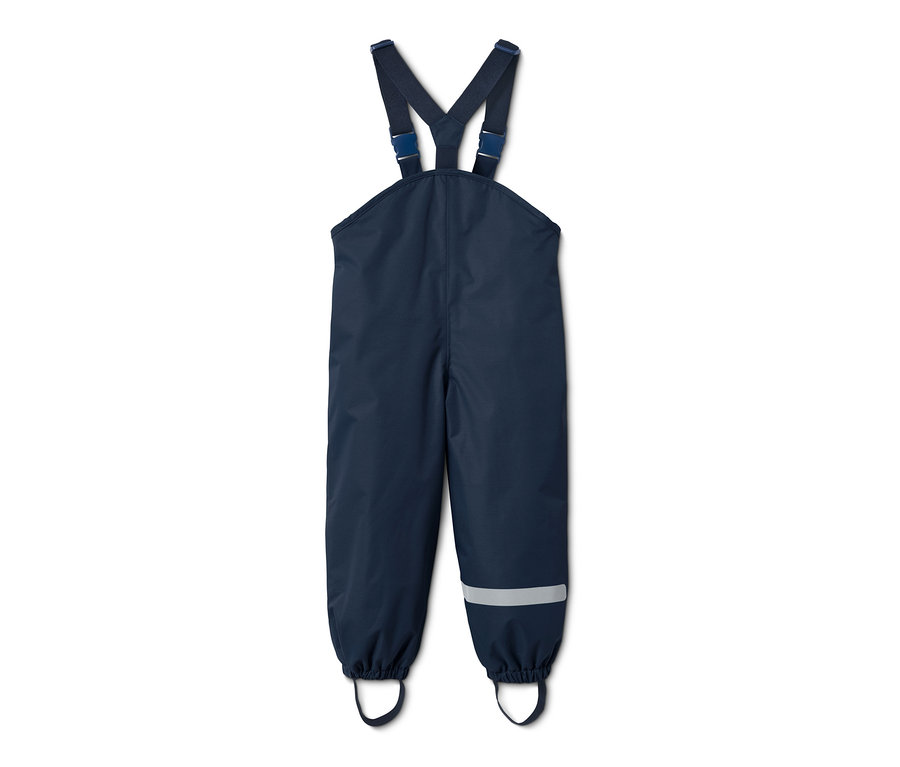 Dunkelblaue Thermo-Regenhose aus recyceltem Material mit Latz und Reflexstreifen.