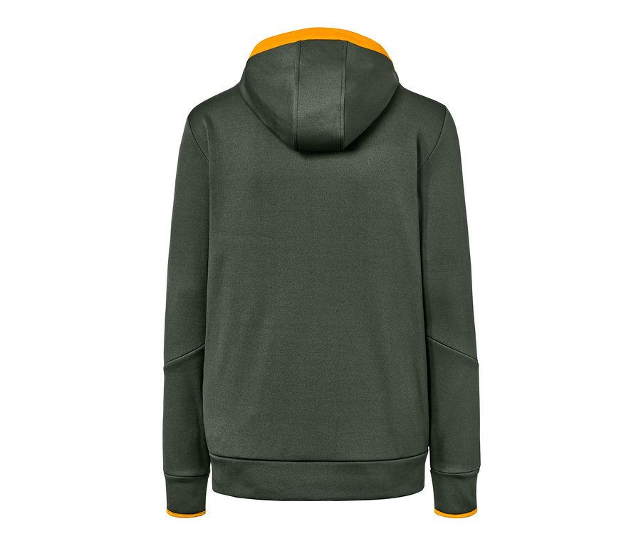 Rückansicht einer grünen Funktionsjacke mit orangefarbener Kapuze.