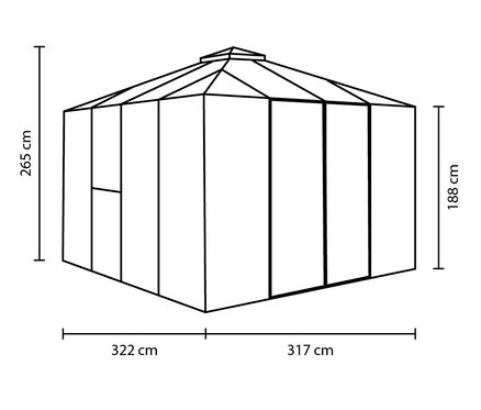 Diagramm eines Minos 10200 Gewächshauses aus Aluminium, inklusive Rahmenfundament mit Abmessungen.