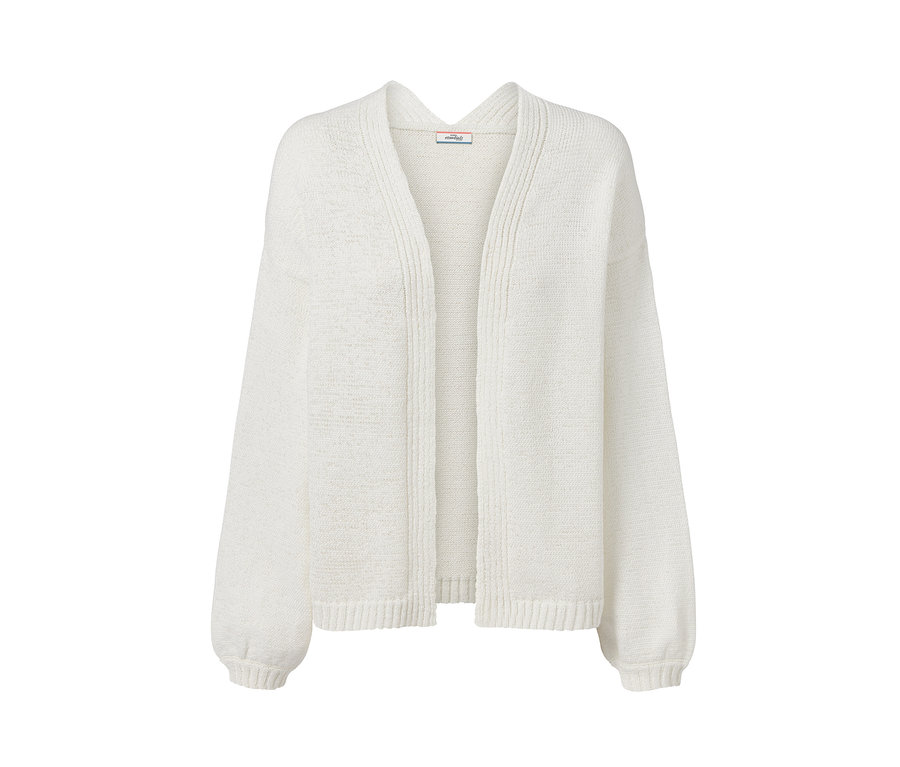 Weißer, offener Cardigan aus Bändchengarn.