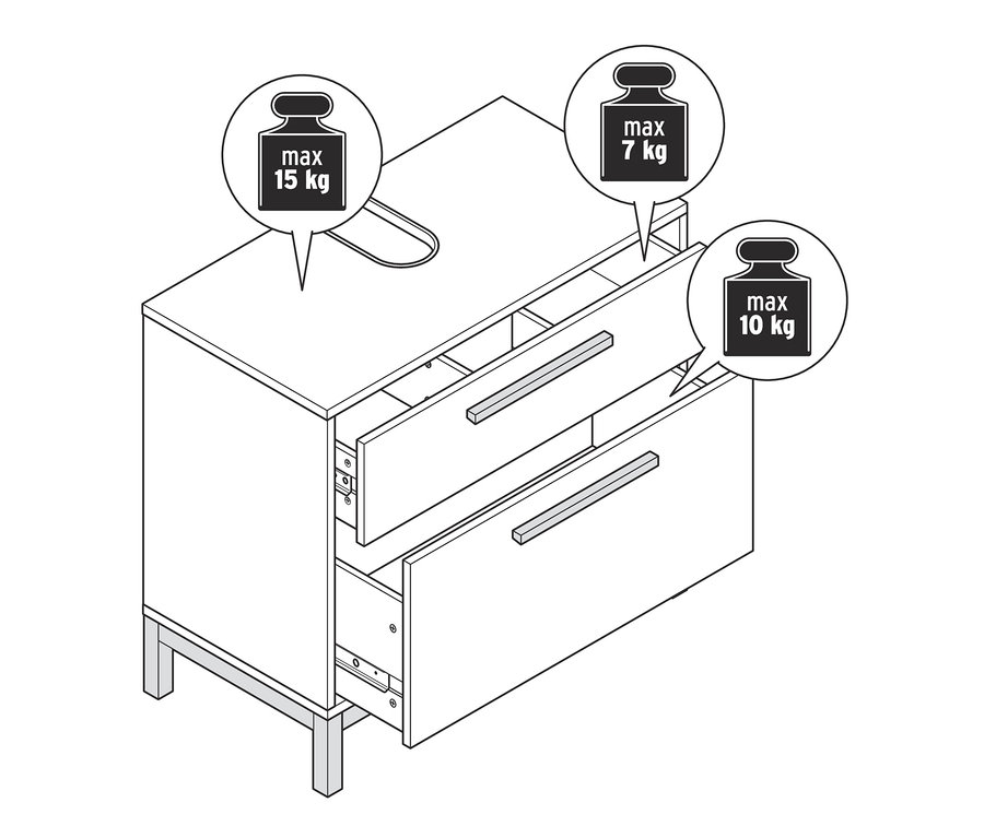 Illustration eines Waschtischunterschranks mit zwei Schubladen, wobei eine Schublade geöffnet ist.