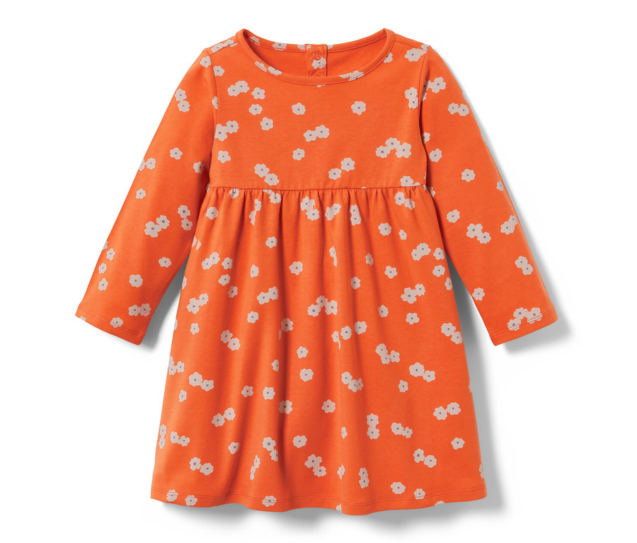 Ein orangefarbenes Kleinkind-Jerseykleid mit langen Ärmeln und Blumenmuster.