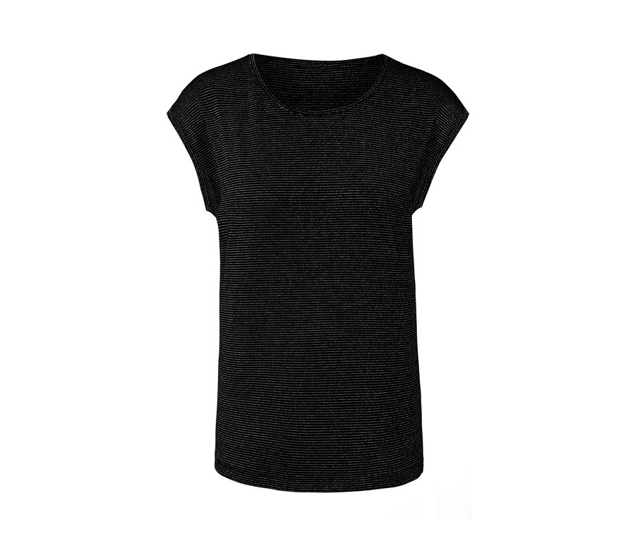 Gestreiftes, schwarzes Shirt.