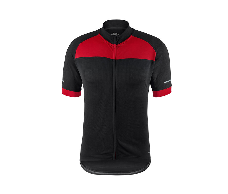 Schwarzes und rotes Rad-Trikot.