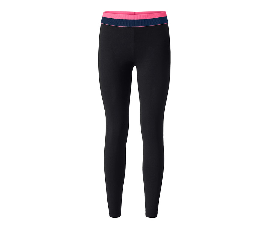 Schwarze Tight mit rosa-blauem Bund.