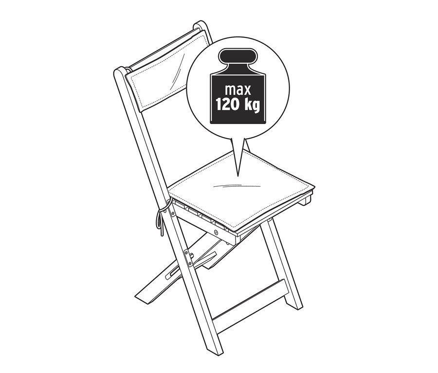 Illustration eines klappbaren Stuhls mit einer maximalen Belastbarkeit von 120 kg.