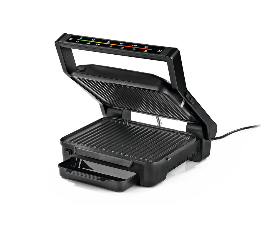 Geöffneter, schwarzer Kontaktgrill "N8WERK-Kontaktgrill »9595«" mit Auffangschale.