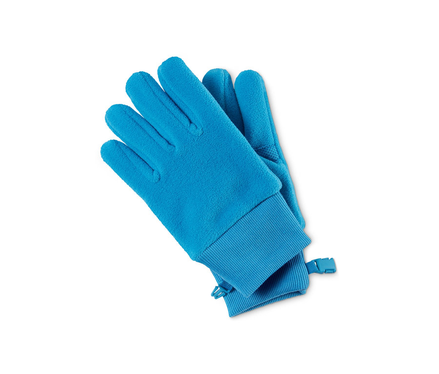 Ein 2er-Pack blaue Fleecehandschuhe aus recyceltem Material liegt auf einem weißen Hintergrund.