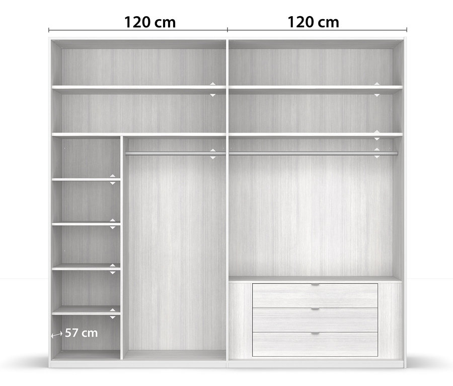 Innenansicht eines weißen Rauch Black 20UP Premium Schwebetürenschranks, 240 cm breit, mit Regalen, Kleiderstangen und Schubladen.