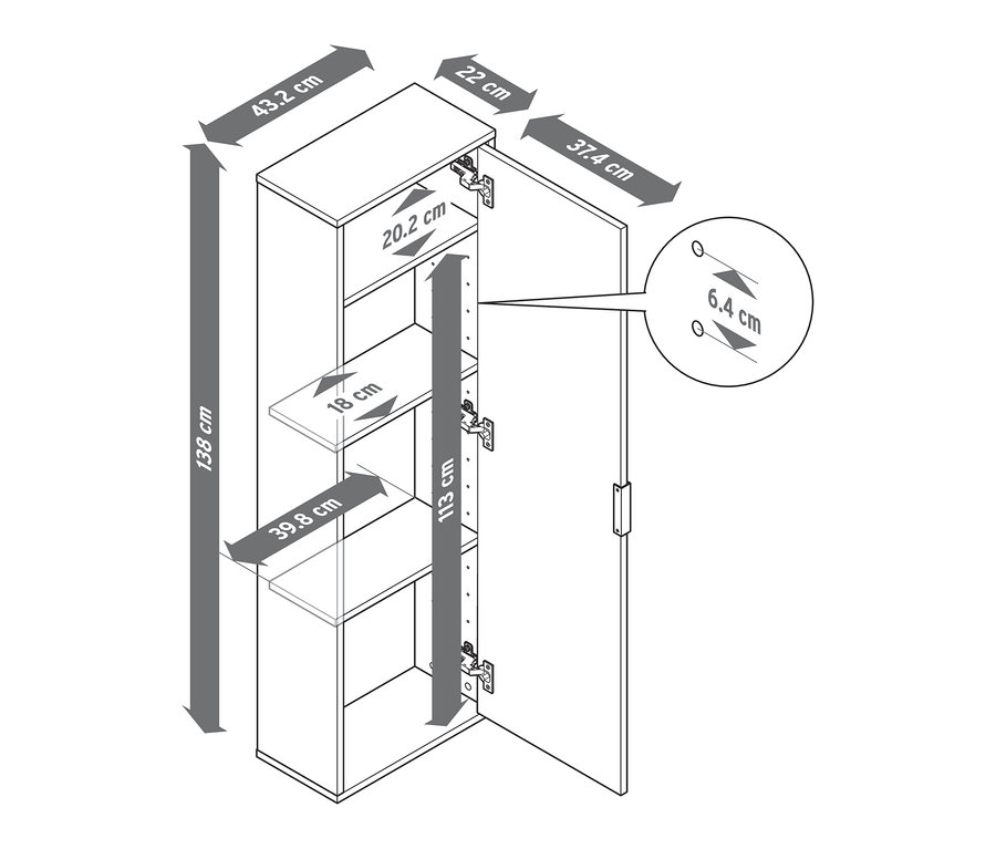 Eine Skizze von einem hängenden Universalschrank mit geöffneter Tür und Abmessungen.