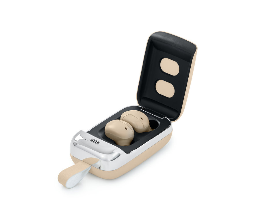 Beige TWS-IN-EAR Kopfhörer in Ladestation.