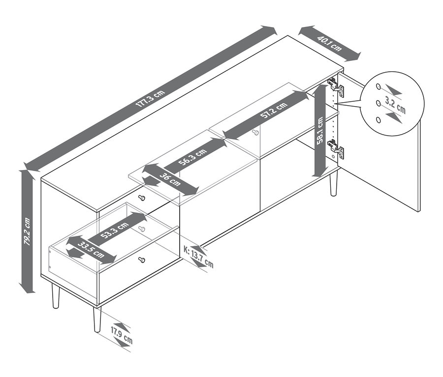 Abbildung eines »Bekeson« Sideboards mit Maßangaben.