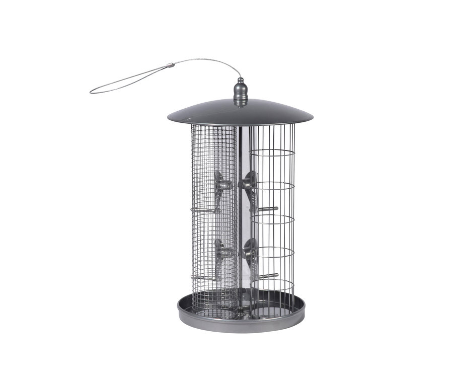 Ein Dobar-3-Kammer-Futterspender mit Metallstruktur und drei separaten Kammern.