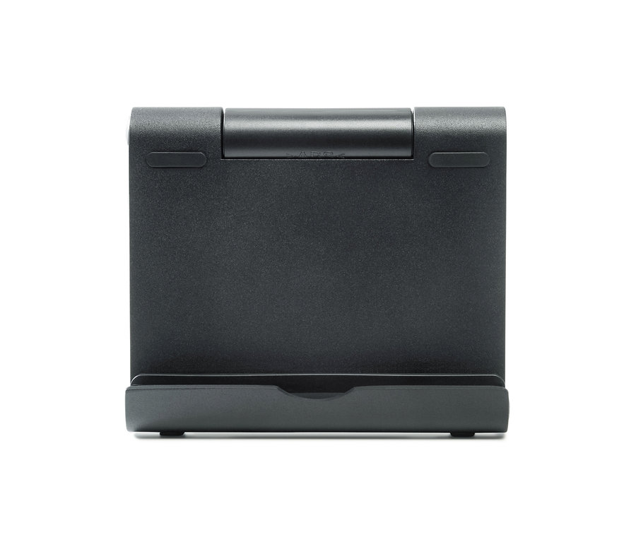 Nahaufnahme eines schwarzen Smartphone- und Tablet-Ständers.