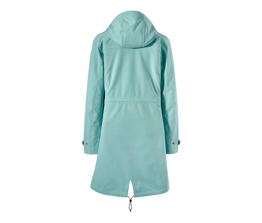 Rückansicht eines Softshellmantels mit Kapuze.