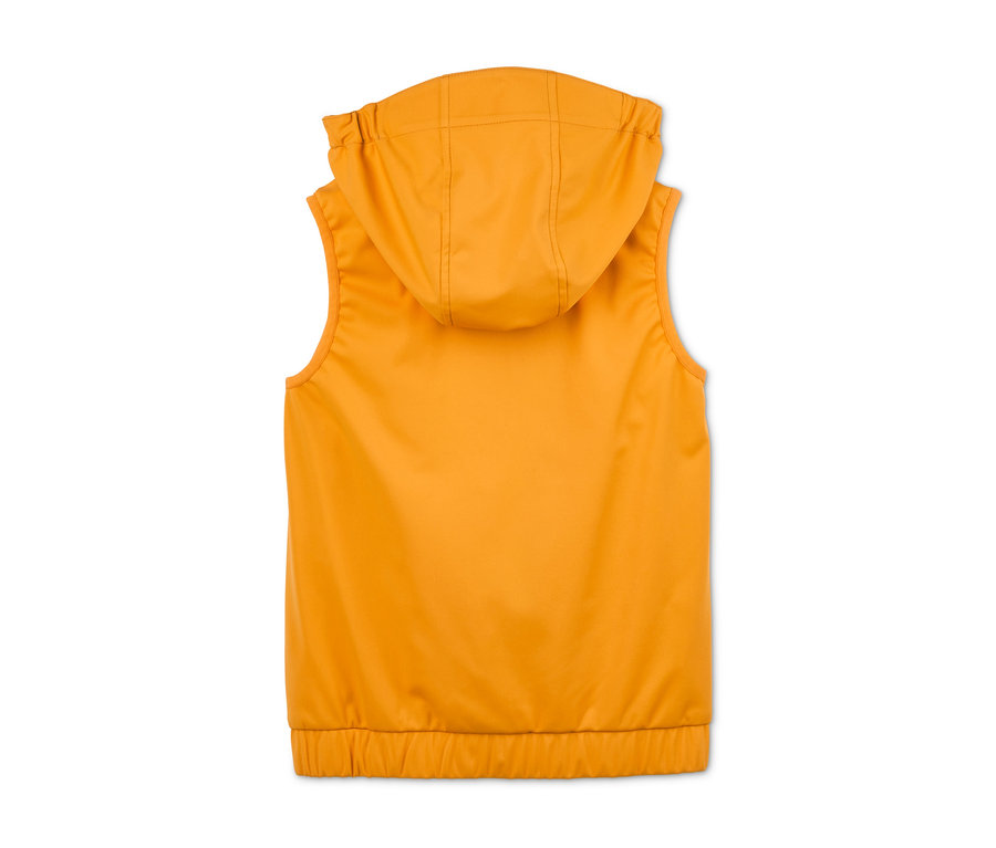 Rückansicht einer gelben Hybrid-Softshellweste aus recyceltem Material mit Kapuze.
